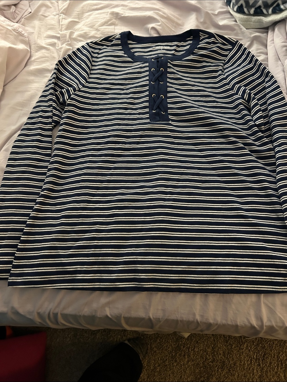 Lands' End Navy and White Striped Lace-Up Henley Long Sleeve